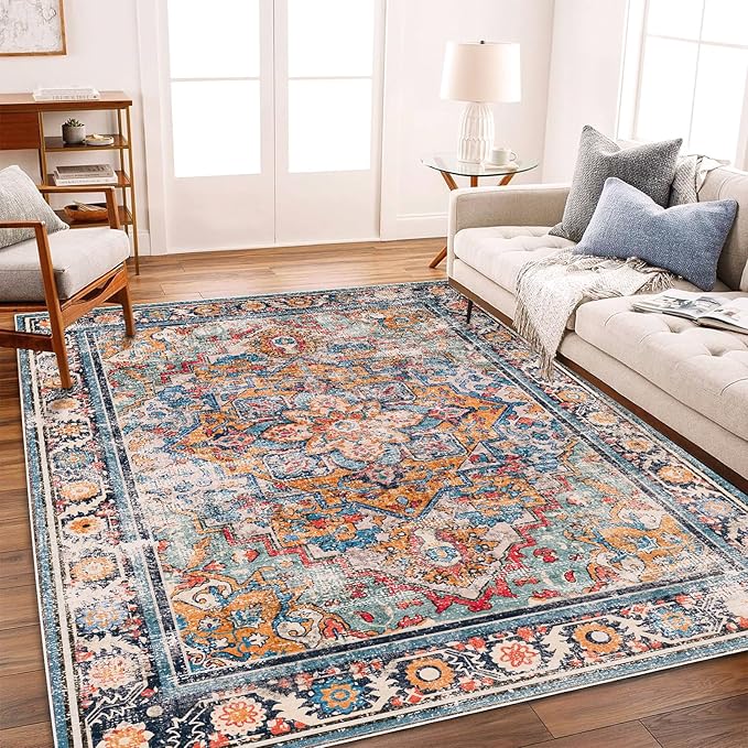 CHAMPLANT Washable Area Rug 8'x10' Boho Chic Medallion Distressed Design by CHAMPLANT