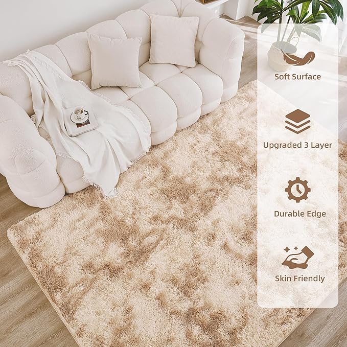 Litanika 8x10 Shag Area Rug for Living Room Bedroom, Tie-Dyed Beige High Pile - Image 4