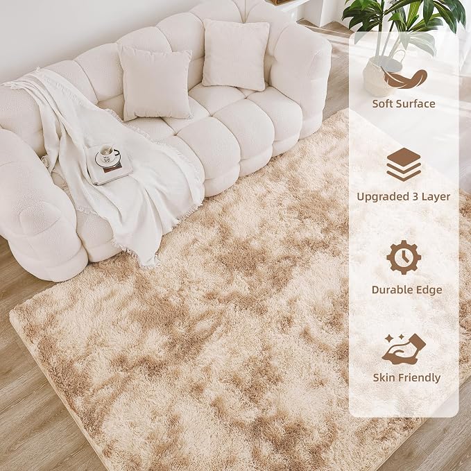 Litanika 3x5 Shag Area Rug for Living Room Bedroom, Tie-Dyed Beige High Pile - Image 4