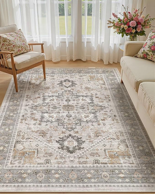 7x9 Vintage Area Rug: Washable Neutral Soft Non Slip Thin Large Floor Carpet by MICGEEK