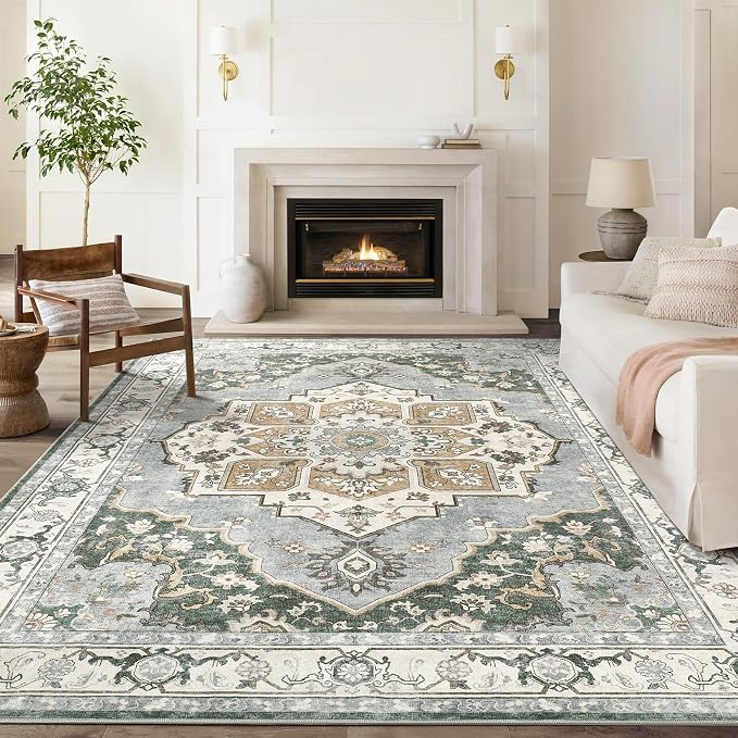 8x10 Washable Area Rug: Vintage Neutral Soft Non Slip Thin Large Floor Carpet - Image 3