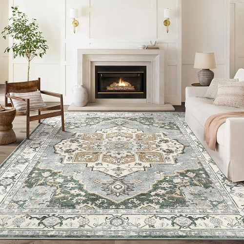 6x9 Washable Area Rug: Vintage Neutral Soft Non Slip Thin Large Floor Carpet - Image 2