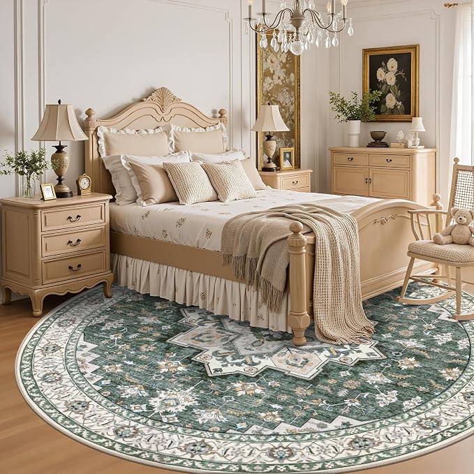 Round Area Rug for Living Room: 8 ft Washable Vintage Boho Soft Thin Circle Rug - Image 4