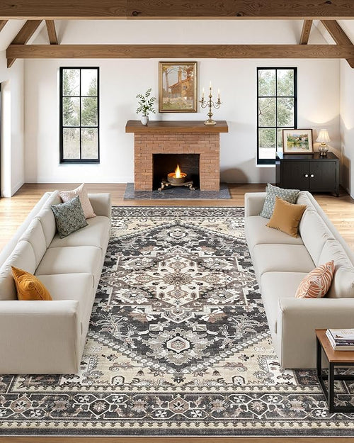 10x12 Vintage Area Rug: Washable Neutral Soft Non Slip Thin Large Floor Carpet by MICGEEK