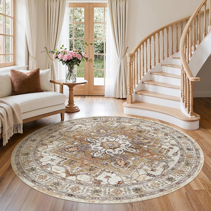 Madane Washable 6ft Circle Round Rug, 6x6 Circular Rugs Non-Slip Vintage Area - Image 3