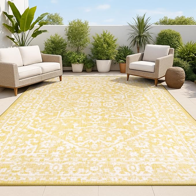 JONATHAN Y Boho Medallion Indoor Outdoor Area Rug 5X8 Yellow/Cream, Malta by JONATHANY