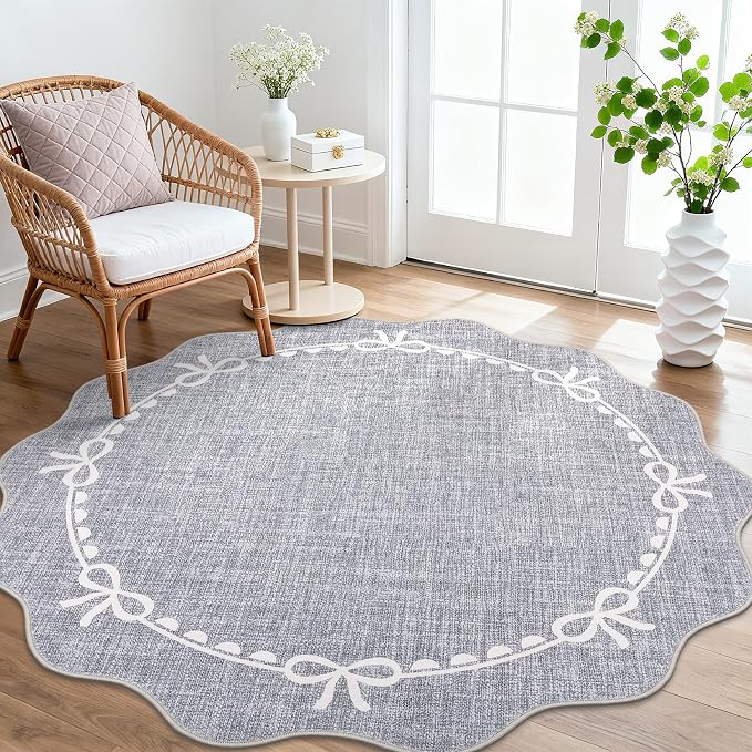 GarveeHome Scalloped Bow Rug for Living Room, 6ft Round Rugs Washable Solid by GarveeHome