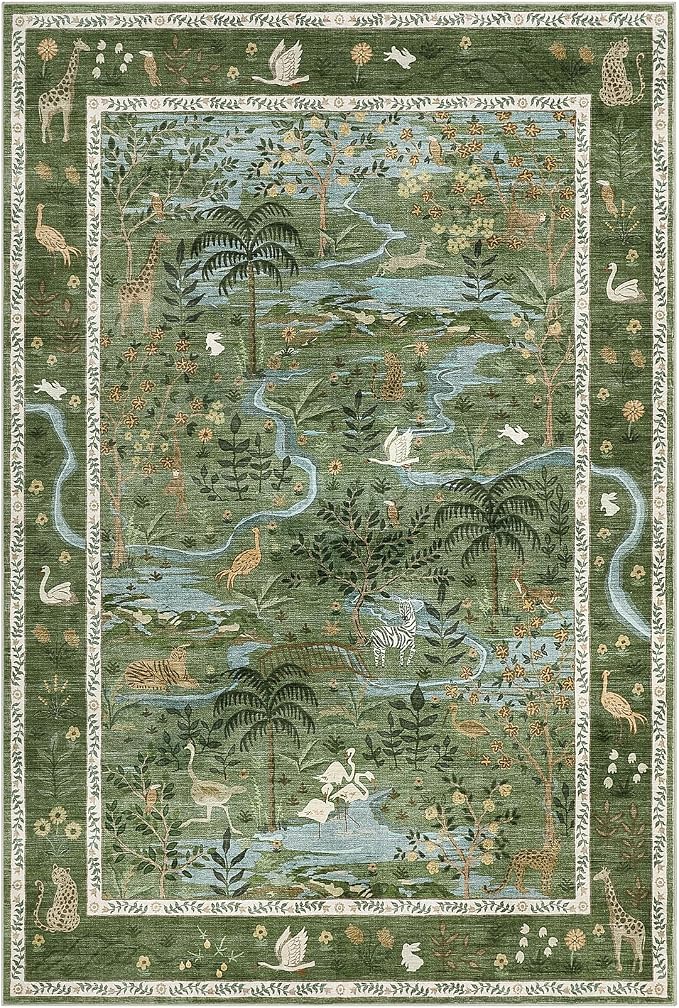 Washable Area Rug 5x7 Green Animal Print Rugs - Image 4