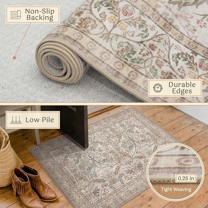 Traditional Cottagecore 2'6"x10' Hallway Runner Rug Non Slip - Image 5
