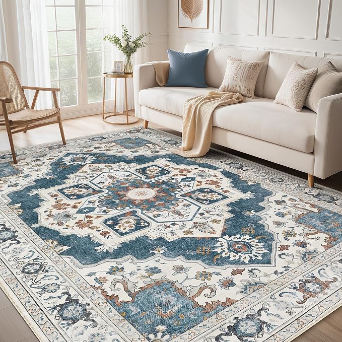 10x14 Washable Area Rug: Vintage Neutral Soft Non Slip Thin Large Floor Carpet by MICGEEK