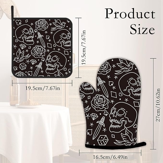 Skull Head with Rose Oven Mitts and Pot Holders Kitchen Cooking Gloves 2 Pcs - Image 4