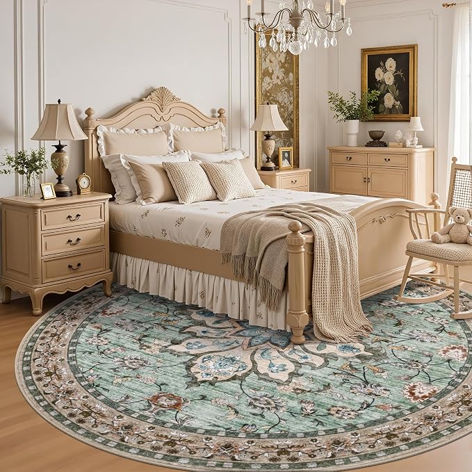 Round Area Rug for Living Room: 8 ft Washable Vintage Boho Soft Thin Circle Rug - Image 4