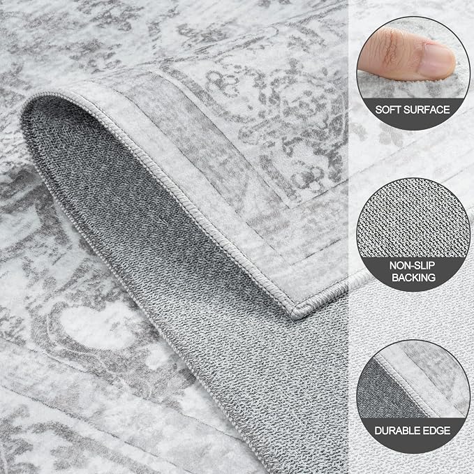 9x12 Area Rugs for Living Room:Gray Washable Vintage Medallion Rug Non-Slip - Image 8