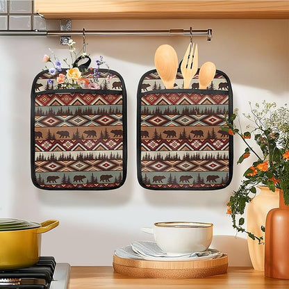 Western Aztec Bear Oven Mitts Set, Camping Camper RV Gifts, Aztec Native Tribal - Image 3
