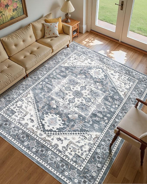 8x10 Vintage Area Rug: Washable Neutral Soft Non Slip Thin Large Floor Carpet by MICGEEK