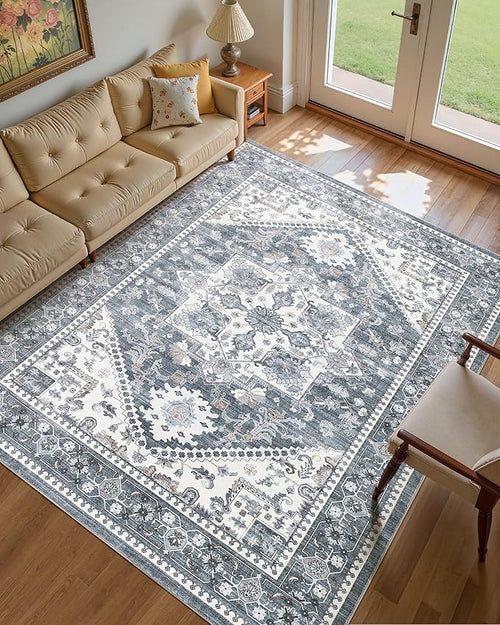 9x12 Vintage Area Rug: Washable Neutral Soft Non Slip Thin Large Floor Carpet by MICGEEK