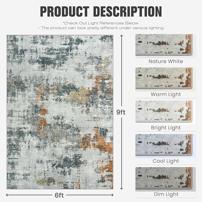 Area Rug 6x9 Living Room Rug Washable: No-Slip Abstract Soft Thin Large Grey - Image 2