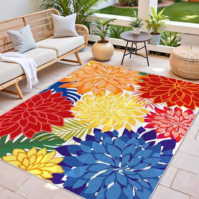 Colorful 9x12 Outdoor Area Rug Washable Multicolored Patio Rug Tropical - Image 3