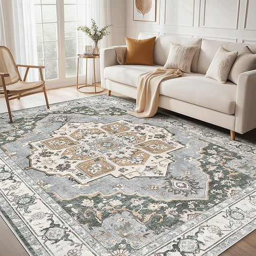 10x12 Washable Area Rug: Vintage Neutral Soft Non Slip Thin Large Floor Carpet by MICGEEK