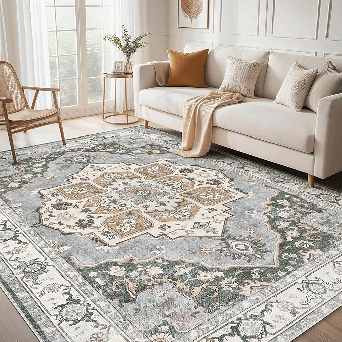 8x10 Washable Area Rug: Vintage Neutral Soft Non Slip Thin Large Floor Carpet by MICGEEK