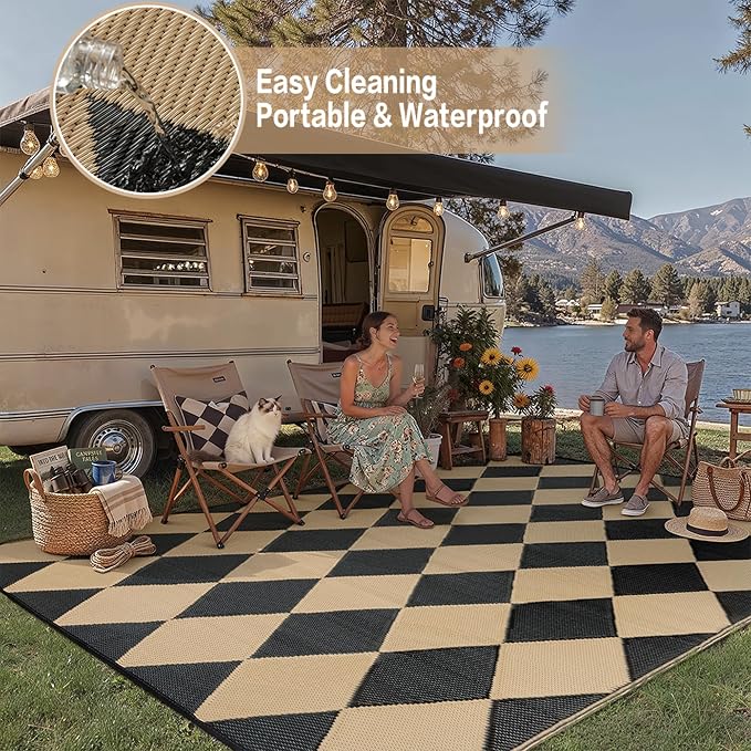 Outdoor Plastic Checkered Rug Waterproof Patio 9x12 Black Brown Diamond - Image 5