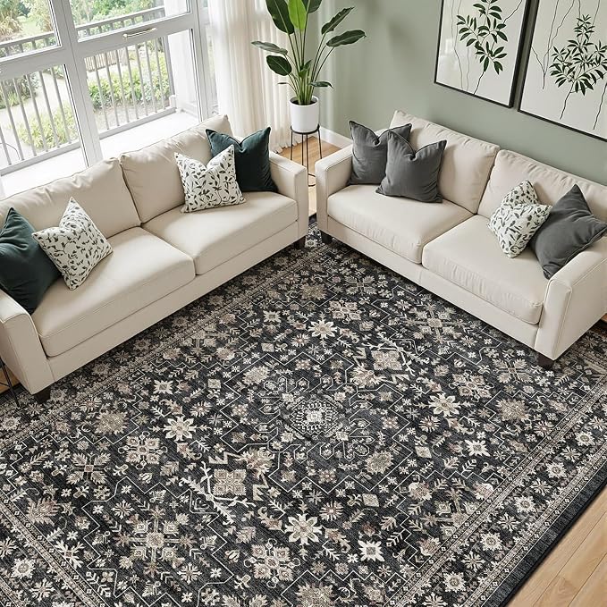 Dark Grey Living Room Rug 5x7, Washable Dark Vintage Moody Low Pile Non Slip - Image 2
