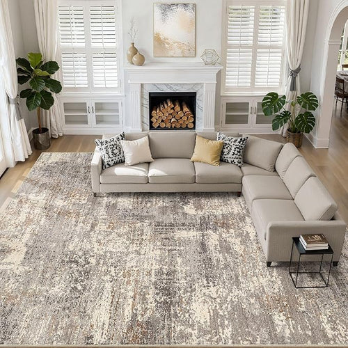 10x12 Area Rug Living Room: Washable Large Abstract Neutral Modern Soft Rug by LOONGRUG