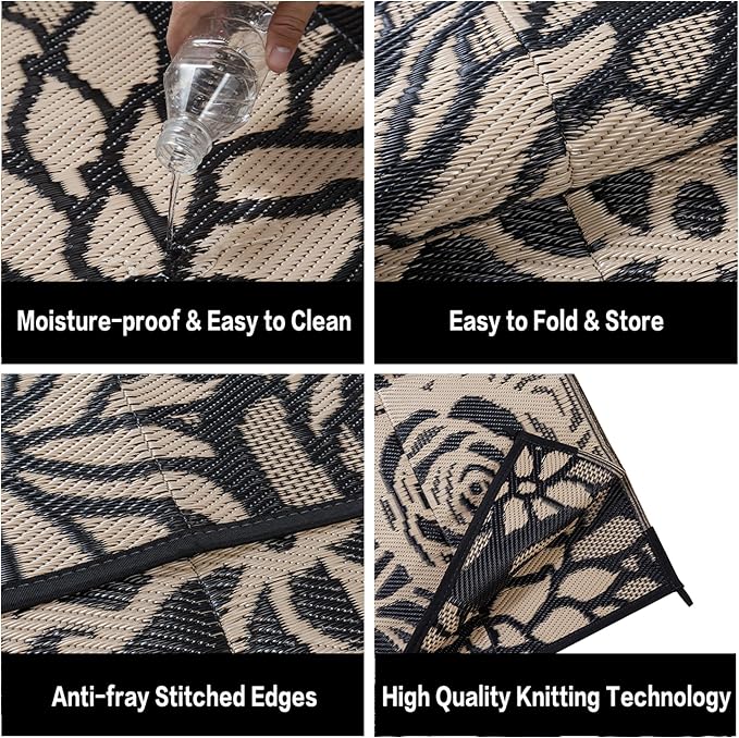 Outdoor Plastic Straw Rug Waterproof Patio 8x10 Black Brown Floral Mat - Image 8