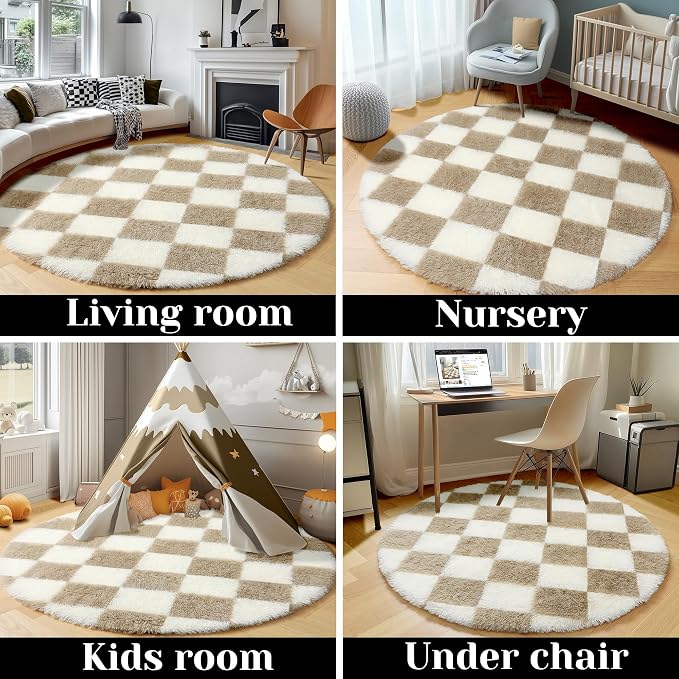 KICMOR Round Rugs 6ft Beige and Cream White Circle Area Rug, Fluffy Soft Fuzzy - Image 5