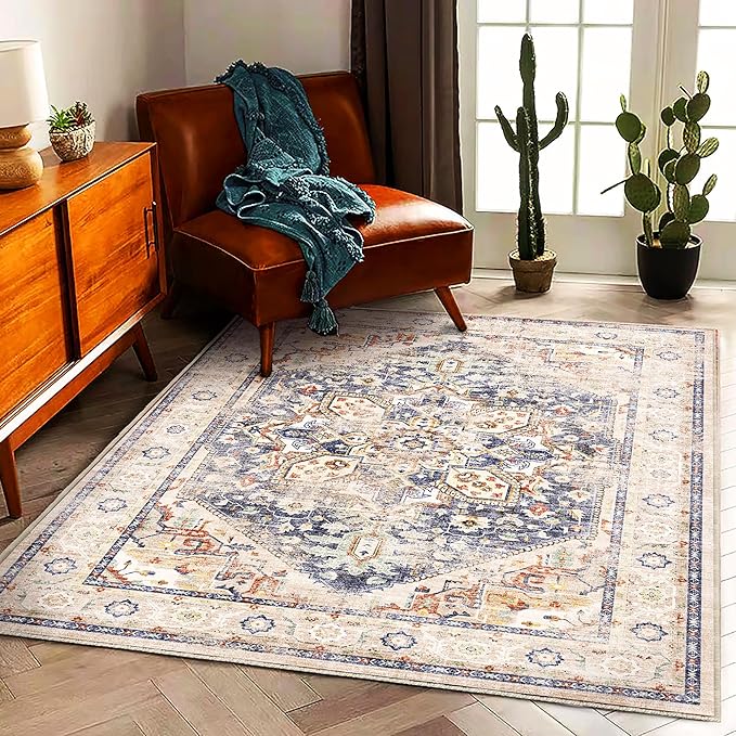CHAMPLANT 3'x5' Blue Khaki Vintage Washable Thin Area Rug Traditional Floor by CHAMPLANT