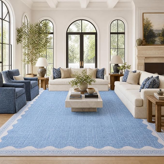 GarveeHome Scalloped 8x10 Rug for Living Room Washable Non-Slip Solid Blue by GarveeHome