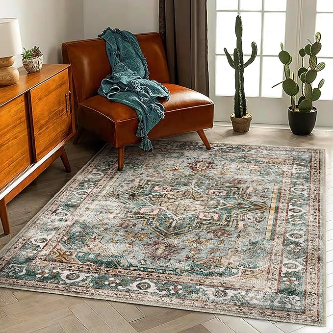 CHAMPLANT Washable Area Rug 5'x7' Green Retro Boho Chic Medallion Distressed - Image 3