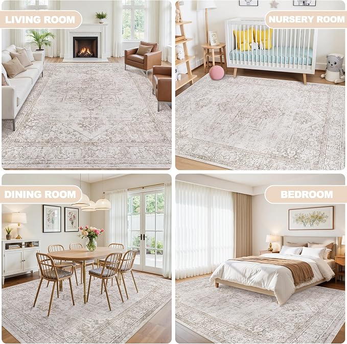 5x7 Area Rugs for Living Room:Beige Washable Vintage Medallion Carpet Non-Slip - Image 6