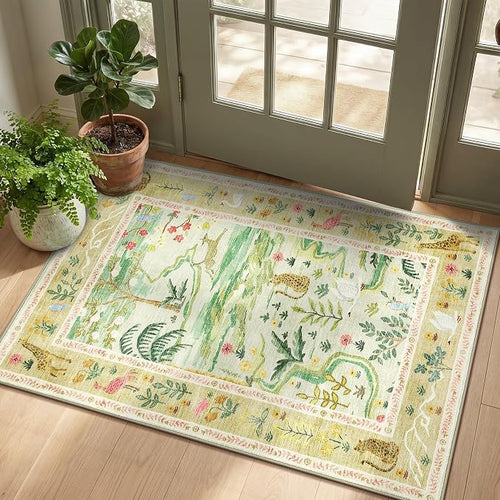 2x3 Washable Area Rug for Entryway Non Slip Safari Nursery Rug Green Kids Room - Image 2