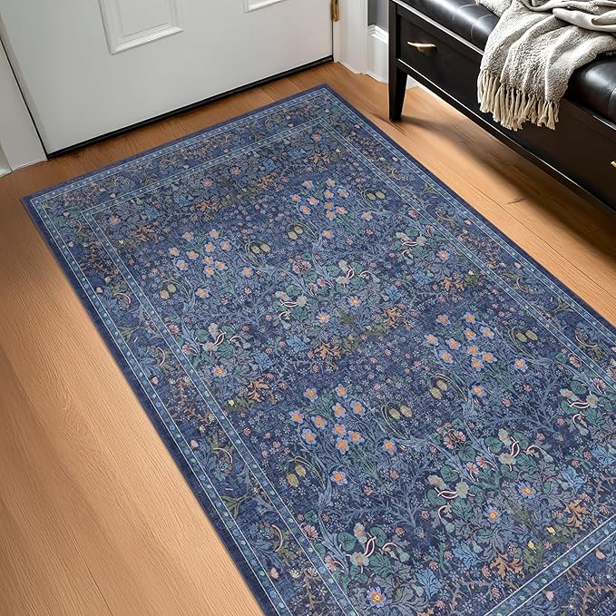 Vintage Dark Blue 3x4 Entryway Rug, Washable Small Area Rugs by HazoHaus