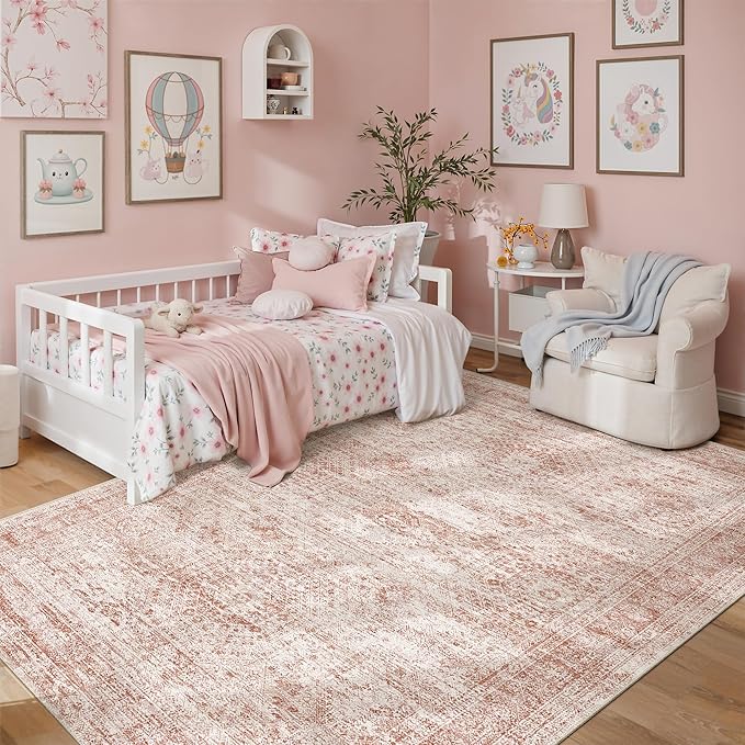 Soalmost 5x7 Area Rugs Pink Low Pile Indoor Washable Trendy Faded Style Rugs by Soalmost