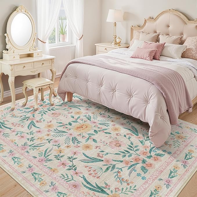 Pink Floral Area Rug 6x9, Soft Washable Girls Bedroom Rug - Image 2