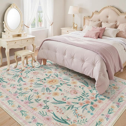 8x10 Pink Floral Area Rug, Large Washable Living Room Carpet - Image 2