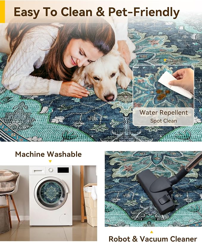 RELEANY Area Rugs Round 8ft Washable Non-Slip, Floral Vintage Distress - Image 5
