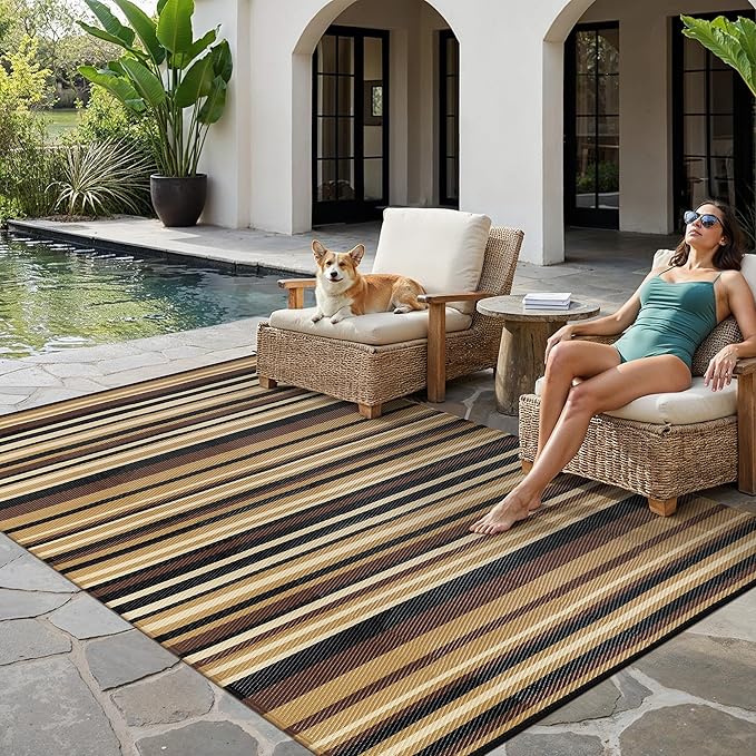 Outdoor Plastic Straw Rug Waterproof Patio 6x9 Brown Black Stripe Mat - Image 3