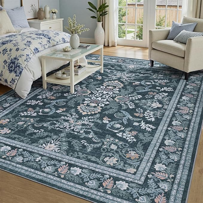 DCX Navy Blue 9x12 Area Rug, Machine Washable Non Slip Stain Resistant Soft - Image 2