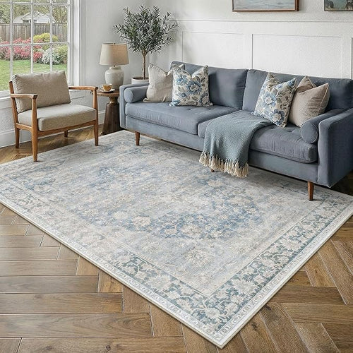 6x9 Washable Neutral Area Rug Blue Vintage Living Room Bedroom Carpet Non-Slip by WondRg