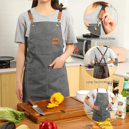 Tosewever Canvas Cross Back Chef Cotton Aprons - Image 3