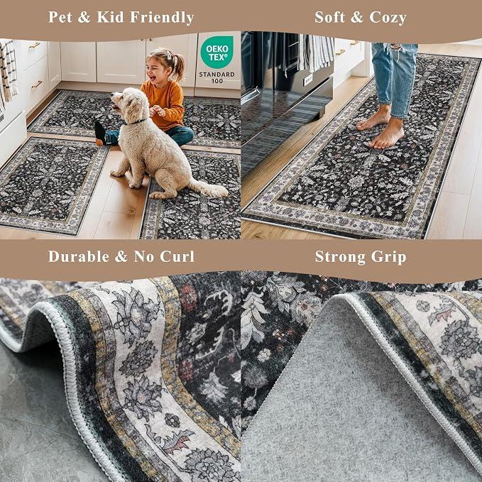 Kitchen Rugs Set of 2 Washable Non Slip – Soft Low Pile Boho Floral Decorative - Image 5