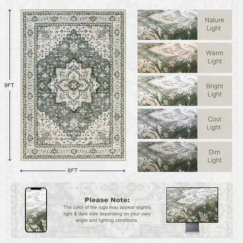 6x9 Area Rugs Living Room Rug: Washable Vintage Boho Medallion Rug No Slip - Image 2