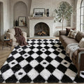 PureCozy Checkered Rug 8x10 Fluffy Shag Living Room Black and White Area Rug by PureCozy