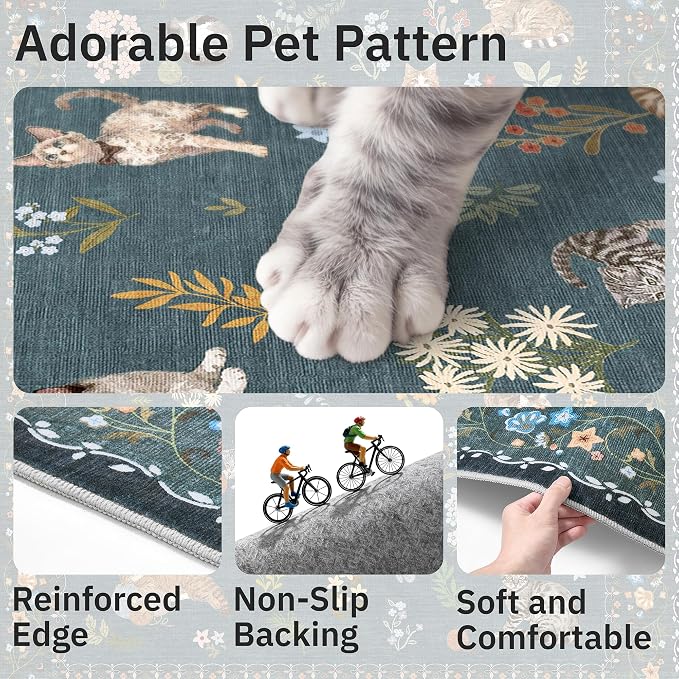 Soalmost Cat 4x6 Area Rugs, Machine Washable Animal Floral Accent Rug Non-Slip - Image 7