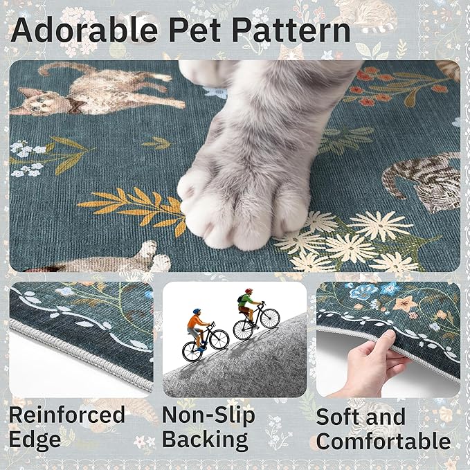 Soalmost Cat 8x10 Area Rugs for Living Room, Machine Washable Animal Floral - Image 7