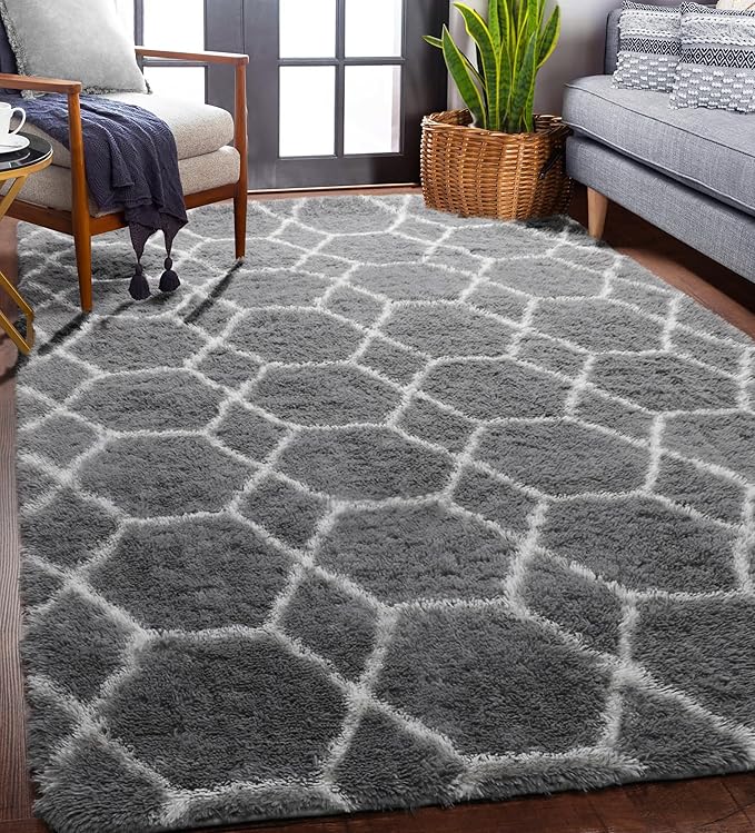 ONASAR 5x7 Area Rugs for Living Room Bedroom, Fluffy Grey and White Faux Fur - Image 5