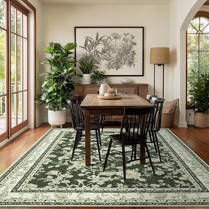 Olive Green Floral Print Area Rugs - Image 6